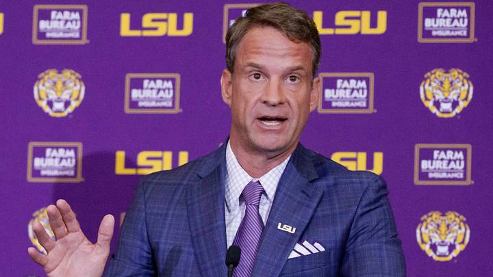 Dec 1, 2025; Baton Rouge, LA, USA; LSU new head coach Lane Kiffin speaks at South Stadium Club at Tiger Stadium. Mandatory Credit: Matthew Hinton-Imagn Images