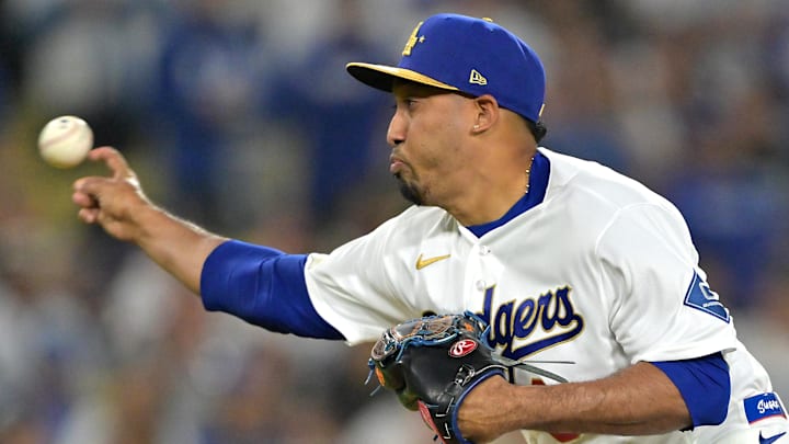 Mar 27, 2026; Los Angeles, California, USA;  Los Angeles Dodgers pitcher Edwin Diaz (3) delivers to the plate as he earns a save in the ninth inning against the Arizona Diamondbacks at Dodger Stadium. Mandatory Credit: Jayne Kamin-Oncea-Imagn Images