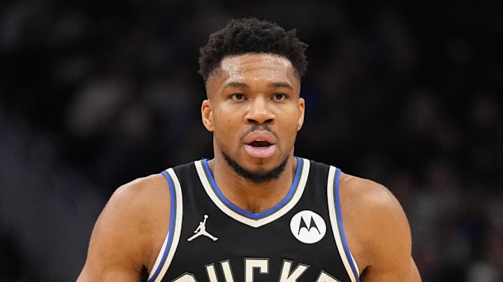 Jan 23, 2026; Milwaukee, Wisconsin, USA;  Milwaukee Bucks forward Giannis Antetokounmpo (34) during the game against the Denver Nuggets at Fiserv Forum. Mandatory Credit: Jeff Hanisch-Imagn Images