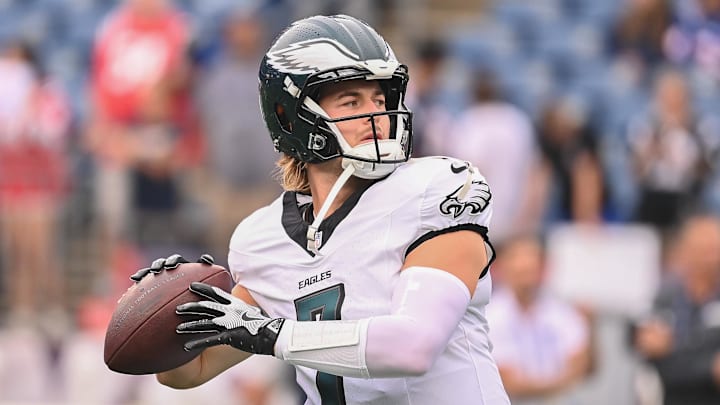 Aug 15, 2024; Foxborough, MA, USA; Philadelphia Eagles quarterback Kenny Pickett (7) warms up before a game against the New England Patriots at Gillette Stadium. Mandatory Credit: Eric Canha-Imagn Images