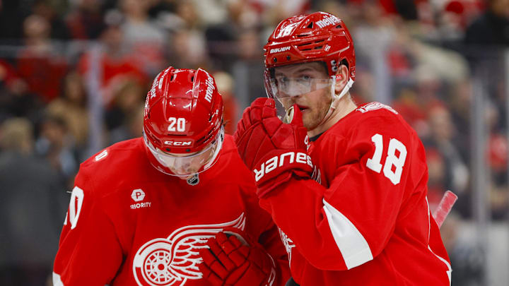 Jan 27, 2026; Detroit, Michigan, USA; Detroit Red Wings center Andrew Copp (18) talks with Detroit Red Wings defenseman Albert Johansson (20) during the second period against the Los Angeles Kings at Little Caesars Arena. Mandatory Credit: Brian Bradshaw Sevald-Imagn Images