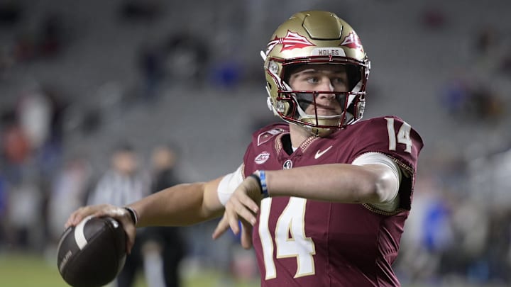 Nov 30, 2024; Tallahassee, Florida, USA; Florida State Seminoles quarterback Luke Kromenhoek (14) before a game against the Florida Gators at Doak S. Campbell Stadium. Mandatory Credit: Melina Myers-Imagn Images Nov 30, 2024; Tallahassee, Florida, USA; Florida State Seminoles quarterback Luke Kromenhoek (14) before a game against the Florida Gators at Doak S. Campbell Stadium. Mandatory Credit: Melina Myers-Imagn Images