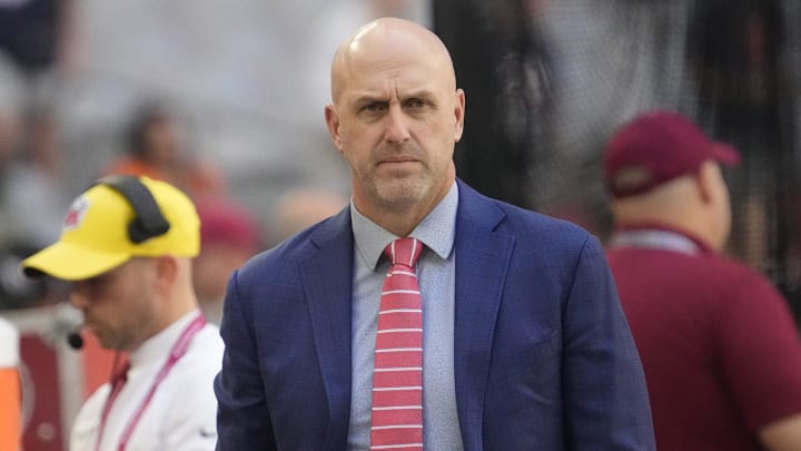Arizona Cardinals general manager Monti Ossenfort watches his team warm up before playing against the Chicago Bears at State Farm Stadium in Glendale on Nov. 3, 2024.