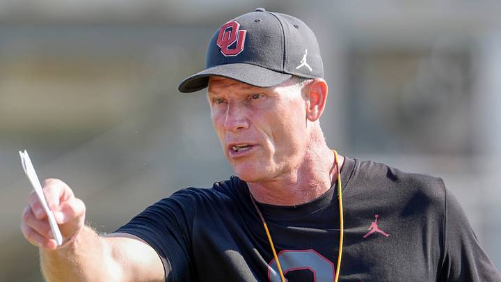Oklahoma head coach Brent Venables runs drills during an OU Football practice in Norman, Okla. Oklahoma head coach Brent Venables runs drills during an OU Football practice in Norman, Okla.