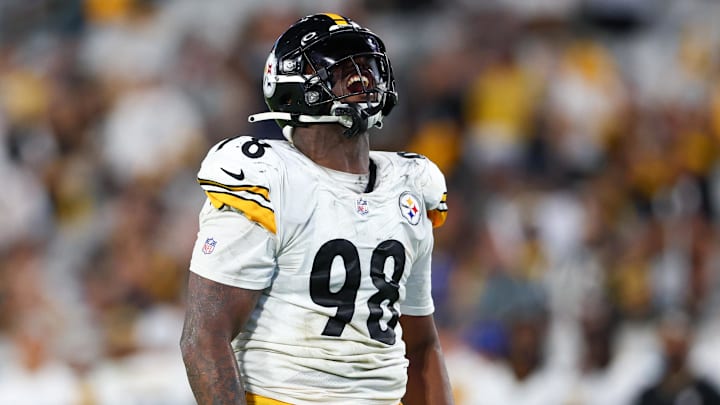 Aug 20, 2022; Jacksonville, Florida, USA; Pittsburgh Steelers defensive end DeMarvin Leal (98) reacts after a sack against the Jacksonville Jaguars in the fourth quarter at TIAA Bank Field. Mandatory Credit: Nathan Ray Seebeck-Imagn Images Aug 20, 2022; Jacksonville, Florida, USA; Pittsburgh Steelers defensive end DeMarvin Leal (98) reacts after a sack against the Jacksonville Jaguars in the fourth quarter at TIAA Bank Field. Mandatory Credit: Nathan Ray Seebeck-Imagn Images