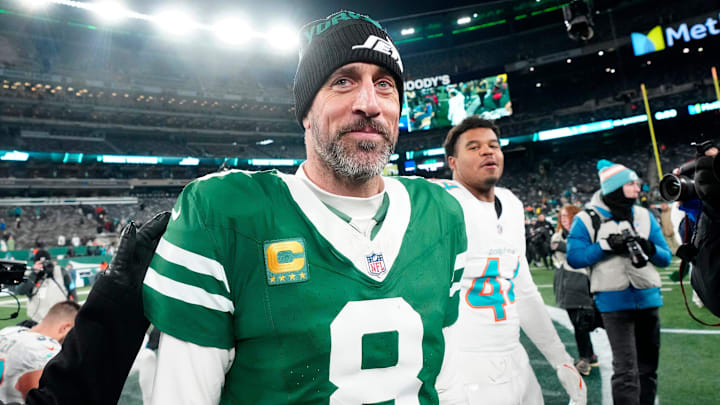 New York Jets quarterback Aaron Rodgers (8) is shown after he led Gang Green to a 32-20 victory against the Miami Dolphins, on Jan. 5, 2025, in East Rutherford, N.J.