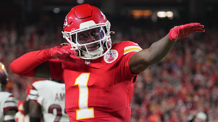 Oct 27, 2025; Kansas City, Missouri, USA; Kansas City Chiefs wide receiver Xavier Worthy (1) celebrates after a play against the Washington Commanders during the first quarter of the game at GEHA Field at Arrowhead Stadium. 