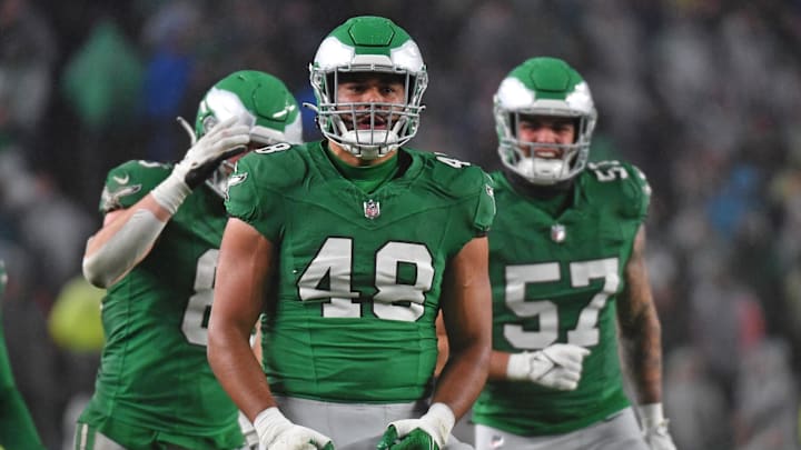Nov 26, 2023; Philadelphia, Pennsylvania, USA; Philadelphia Eagles linebacker Patrick Johnson (48) celebrates a tackle against the Buffalo Bills at Lincoln Financial Field. Mandatory Credit: Eric Hartline-Imagn Images