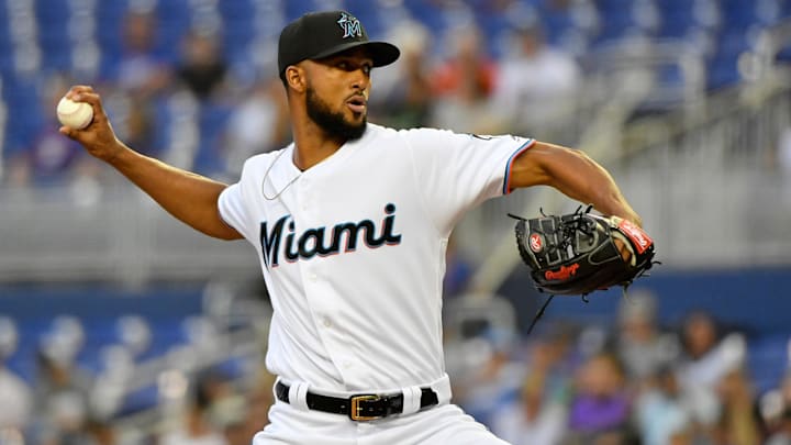 Apr 17, 2019; Miami, FL, USA; Miami Marlins starting pitcher Sandy Alcantara (22) delivers a pitch in the first inning against the Chicago Cubs at Marlins Park.