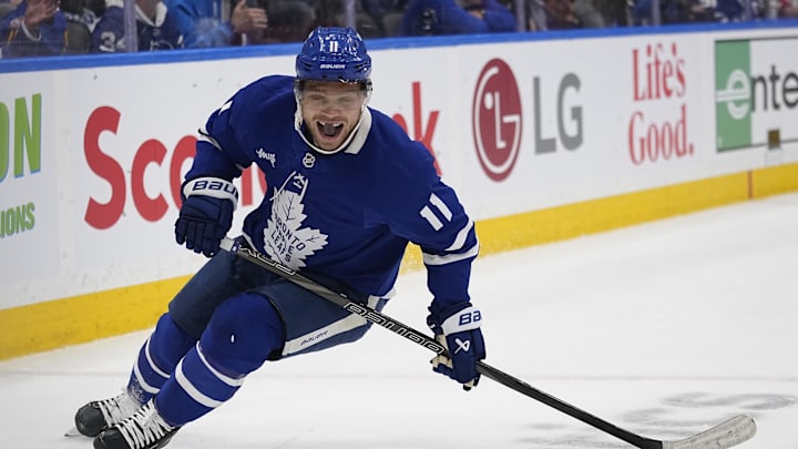 May 5, 2025; Toronto, Ontario, CAN; Toronto Maple Leafs forward Max Domi (11) reacts after his scoring chance against the Florida Panthers during the third period of the second round of the 2025 Stanley Cup Playoffs at Scotiabank Arena. Mandatory Credit: John E. Sokolowski-Imagn Images
