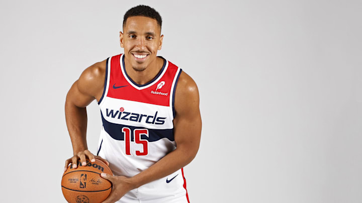Sep 30, 2024; Washington, DC, USA; Washington Wizards guard Malcolm Brogdon (15) poses for a portrait during Washington Wizards media day 2024 at Capital One Arena. Mandatory Credit: Geoff Burke-Imagn Images