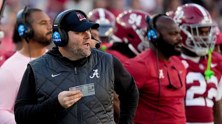 Nov 16, 2024; Tuscaloosa, AL, USA; Alabama defensive coordinator Kane Wommack calls defensive plays during the game with Mercer at Bryant-Denny Stadium. Alabama defeated Mercer 52-7. Mandatory Credit: Gary Cosby Jr.-Tuscaloosa News