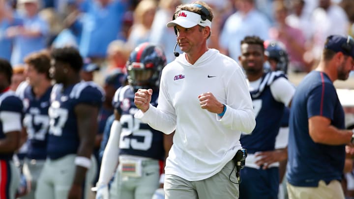 Oct 26, 2024; Oxford, Mississippi, USA; Mississippi Rebels head coach Lane Kiffin reacts during the second half  against the Oklahoma Sooners at Vaught-Hemingway Stadium. Mandatory Credit: Petre Thomas-Imagn Images