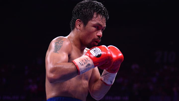 Manny Pacquiao boxes against Keith Thurman (not pictured) during their WBA welterweight championship bout at MGM Grand Garden Arena. Pacquiao won via split decision. 