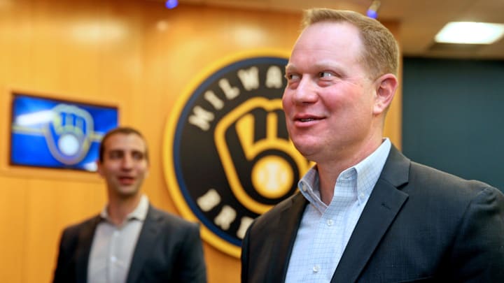 Matt Arnold, right, mingles with others following a press conference where it was announced that he would be taking over the role as president of baseball operations for the Milwaukee Brewers on, October 27, 2022. David Stearns, left, who joined the organization in October 2015 as general manager and was named president of baseball operations prior to the 2019 season, said he would be stepping down. Matt Arnold, right, mingles with others following a press conference where it was announced that he would be taking over the role as president of baseball operations for the Milwaukee Brewers on, October 27, 2022. David Stearns, left, who joined the organization in October 2015 as general manager and was named president of baseball operations prior to the 2019 season, said he would be stepping down.