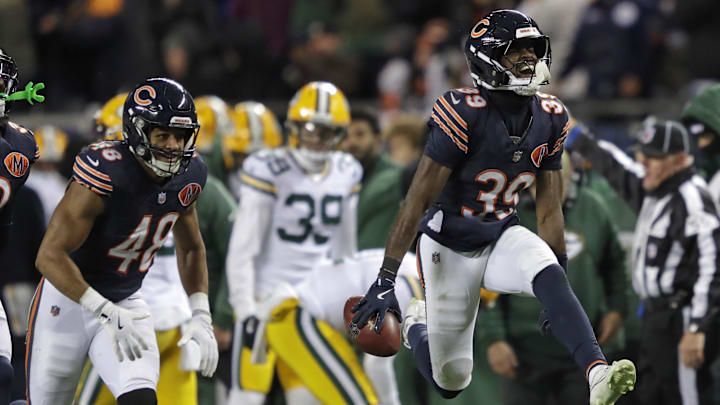 Josh Blackwell celebrates a huge onside kick recovery by the  Bears to make possible a 22-16 Chicago overtime win last week.
