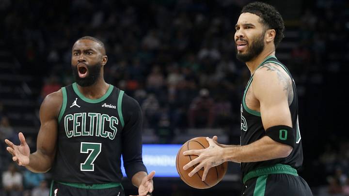 Mar 20, 2026; Memphis, Tennessee, USA; Boston Celtics guard Jaylen Brown (7) and forward Jayson Tatum (0) react during the third quarter against the Memphis Grizzliesat FedExForum. Mandatory Credit: Petre Thomas-Imagn Images
