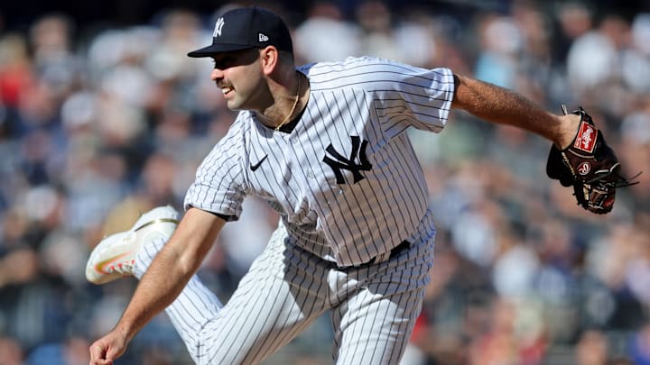 Oct 14, 2022; Bronx, New York, USA; New York Yankees relief pitcher Lou Trivino (56) pitches against the Cleveland Guardians during the sixth inning in game two of the ALDS for the 2022 MLB Playoffs at Yankee Stadium. Mandatory Credit: Brad Penner-Imagn Images