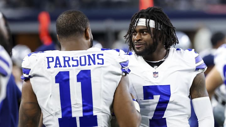 Dallas Cowboys stars Micah Parsons and Trevon Diggs laugh during a game against the Philadelphia Eagles at AT&T Stadium 