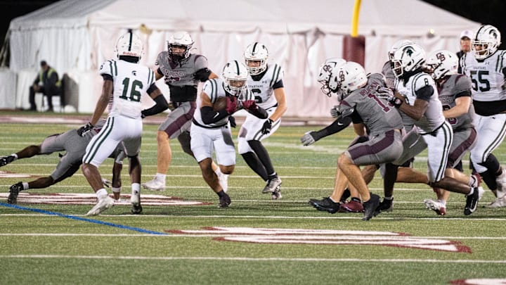 Oct 4, 2024; Ramsey, New Jersey, United States; DePaul football at Don Bosco. DP #1 Nolan James Jr. avoids a tackle. Oct 4, 2024; Ramsey, New Jersey, United States; DePaul football at Don Bosco. DP #1 Nolan James Jr. avoids a tackle.