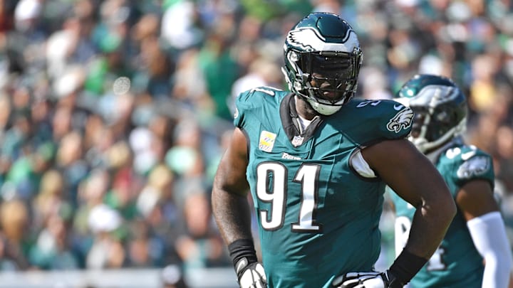 Oct 1, 2023; Philadelphia, Pennsylvania, USA; Philadelphia Eagles defensive tackle Fletcher Cox (91) against the Washington Commanders at Lincoln Financial Field. Mandatory Credit: Eric Hartline-Imagn Images Oct 1, 2023; Philadelphia, Pennsylvania, USA; Philadelphia Eagles defensive tackle Fletcher Cox (91) against the Washington Commanders at Lincoln Financial Field. Mandatory Credit: Eric Hartline-Imagn Images
