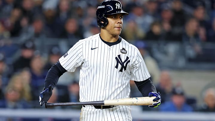 Oct 28, 2024; New York, New York, USA; New York Yankees outfielder Juan Soto (22) walks during the sixth inning against the Los Angeles Dodgers in game three of the 2024 MLB World Series at Yankee Stadium. Mandatory Credit: Brad Penner-Imagn Images