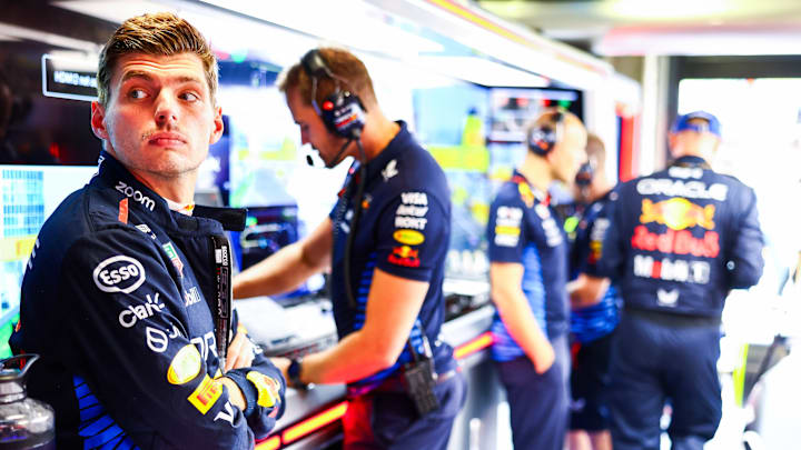 MONZA, ITALY - SEPTEMBER 01: Max Verstappen of the Netherlands and Oracle Red Bull Racing looks on in the garage prior to the F1 Grand Prix of Italy at Autodromo Nazionale Monza on September 01, 2024 in Monza, Italy. (Photo by Mark Thompson/Getty Images)