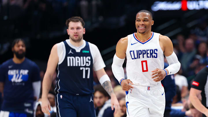 Apr 28, 2024; Dallas, Texas, USA;  LA Clippers guard Russell Westbrook (0) laughs in front of Dallas