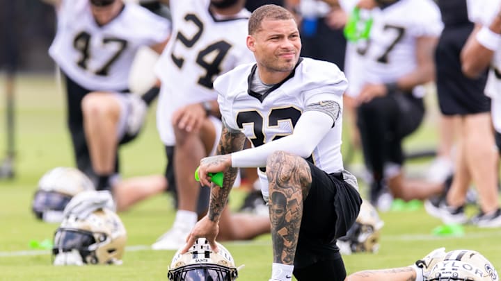 Jun 10, 2025; New Orleans, LA, USA;  New Orleans Saints safety Tyrann Mathieu (32) looks on during stretches during minicamp at Ochsner Sports Performance Center. Mandatory Credit: Stephen Lew-Imagn Images