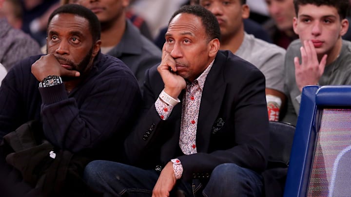 Nov 24, 2023; New York, New York, USA; Sports broadcaster Stephen A. Smith sits court side during the third quarter between the New York Knicks and the Miami Heat at Madison Square Garden. Mandatory Credit: Brad Penner-Imagn Images