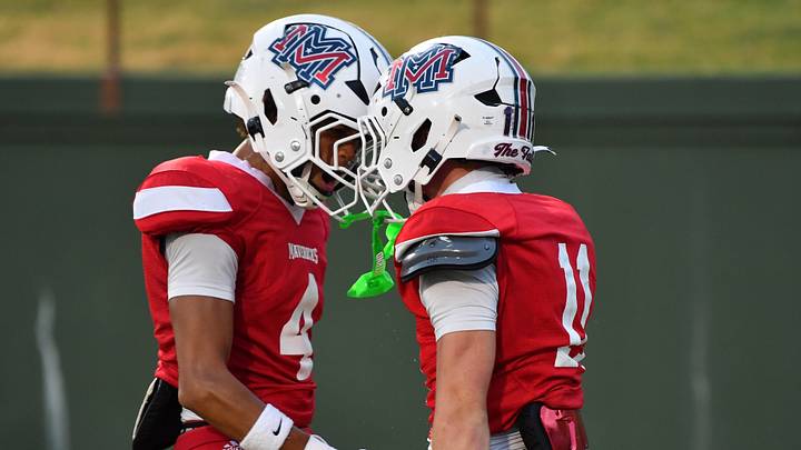 Memorial's Reid Hancock (11) celebrates his touchdown with Izaeah Foster (4) during a game against Decatur on, Thursday, Sep. 10, 2026, at Memorial Stadium in Wichita Falls. Memorial's Reid Hancock (11) celebrates his touchdown with Izaeah Foster (4) during a game against Decatur on, Thursday, Sep. 10, 2026, at Memorial Stadium in Wichita Falls.