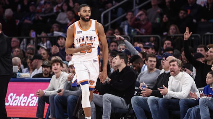 Dec 1, 2024; New York, New York, USA;  New York Knicks forward Mikal Bridges (25) celebrates after scoring in the fourth quarter against the New Orleans Pelicans at Madison Square Garden. Mandatory Credit: Wendell Cruz-Imagn Images