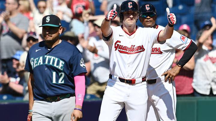 Jun 28, 2026: Cleveland Guardians designated hitter Chase DeLauter (24) celebrates after hitting an RBI double during the eighth inning against the Seattle Mariners at Progressive Field.
