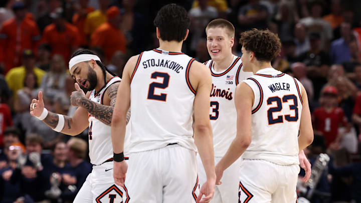 Mar 28, 2026; Houston, TX, USA; Illinois Fighting Illini guard Kylan Boswell (4) and guard Andrej Stojakovic (2) and forward Ben Humrichous (3) and guard Keaton Wagler (23) react in the second half against the Iowa Hawkeyes during an Elite Eight game of the South Regional of the men's 2026 NCAA Tournament at Toyota Center. Mandatory Credit: Troy Taormina-Imagn Images Mar 28, 2026; Houston, TX, USA; Illinois Fighting Illini guard Kylan Boswell (4) and guard Andrej Stojakovic (2) and forward Ben Humrichous (3) and guard Keaton Wagler (23) react in the second half against the Iowa Hawkeyes during an Elite Eight game of the South Regional of the men's 2026 NCAA Tournament at Toyota Center. Mandatory Credit: Troy Taormina-Imagn Images