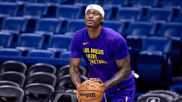 Apr 14, 2024; New Orleans, Louisiana, USA; Los Angeles Lakers forward Jarred Vanderbilt (2) during warmups before the game against the New Orleans Pelicans at Smoothie King Center. Mandatory Credit: Stephen Lew-Imagn Images