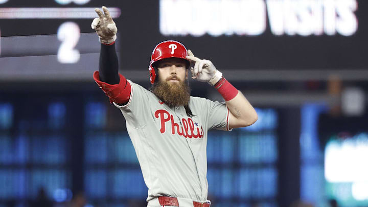 May 3, 2026; Miami, Florida, USA;  Philadelphia Phillies center fielder Brandon Marsh (16) reacts after his double against the Miami Marlins during the seventh inning at loanDepot Park. 