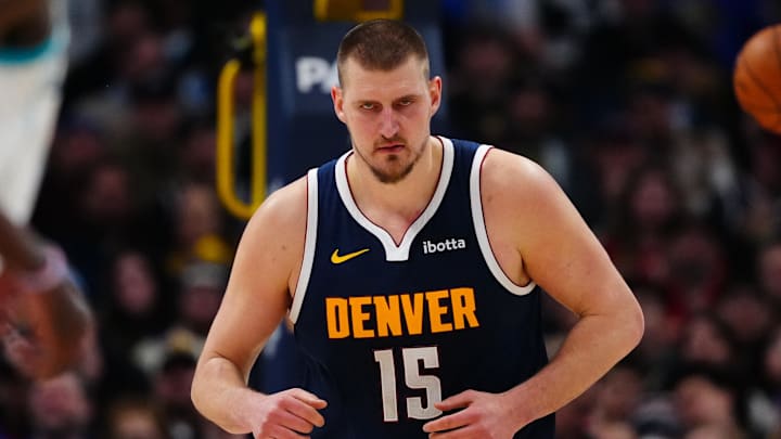 Feb 20, 2025; Denver, Colorado, USA; Denver Nuggets center Nikola Jokic (15) during the second half against the Charlotte Hornets at Ball Arena. Mandatory Credit: Ron Chenoy-Imagn Images
