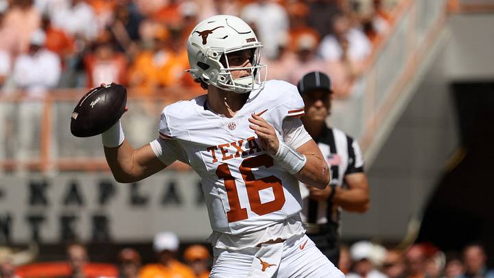 Texas Longhorns quarterback Arch Manning (16) passes Tennessee Volunteers during the first half at Neyland Stadium. Texas Longhorns quarterback Arch Manning (16) passes Tennessee Volunteers during the first half at Neyland Stadium.