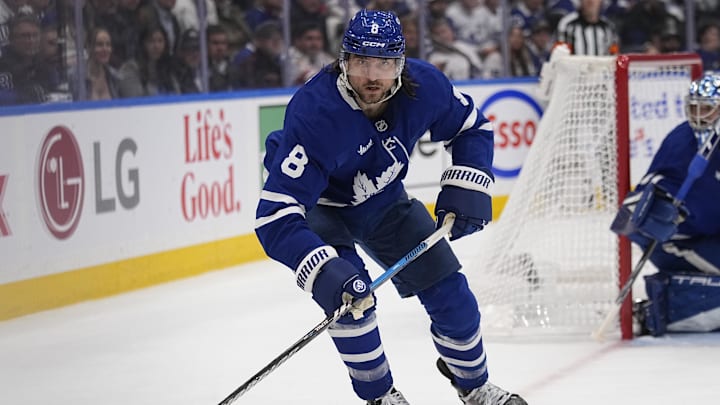 May 5, 2025; Toronto, Ontario, CAN; Toronto Maple Leafs defenceman Chris Tanev (8) skates against the Florida Panthers during the second period of game one in the second round of the 2025 Stanley Cup Playoffs at Scotiabank Arena. Mandatory Credit: John E. Sokolowski-Imagn Images