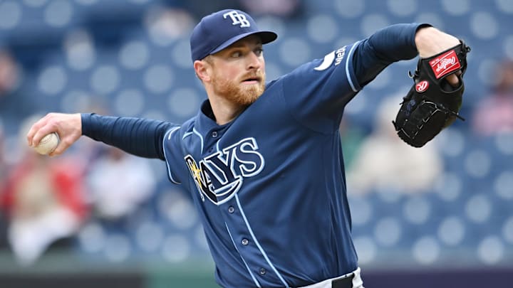 Apr 29, 2026; Cleveland, Ohio, USA; Tampa Bay Rays starting pitcher Drew Rasmussen (57) throws a pitch against the Cleveland Guardians during the first inning at Progressive Field. 