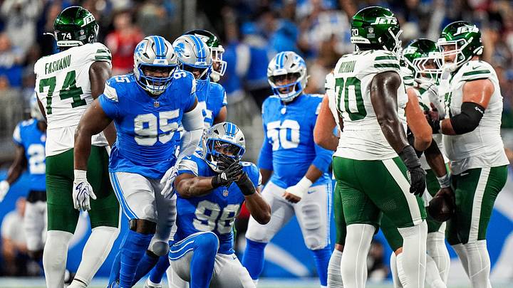 Detroit Lions edge rusher DJ Wonnum celebrates a sack of New York Jets quarterback Geno Smith. Detroit Lions edge rusher DJ Wonnum celebrates a sack of New York Jets quarterback Geno Smith.