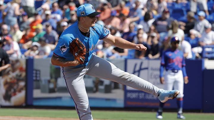 Feb 23, 2025; Port St. Lucie, Florida, USA;  Miami Marlins pitcher Robby Snelling throws a pitch during the second inning against the New York Mets at Clover Park. Mandatory Credit: Reinhold Matay-Imagn Images