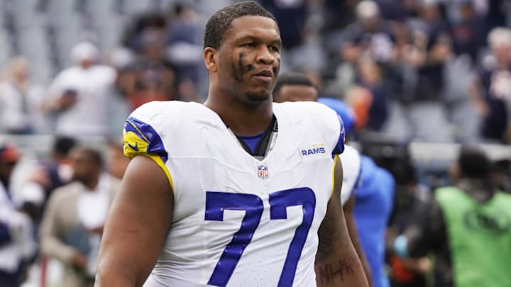 Sep 29, 2024; Chicago, Illinois, USA; Los Angeles Rams offensive tackle Alaric Jackson (77) in a game against the Chicago Bears at Soldier Field. Mandatory Credit: David Banks-Imagn Images