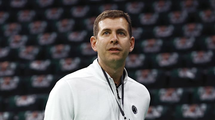 Feb 28, 2025; Boston, Massachusetts, USA; Boston Celtics president of basketball operations Brad Stevens before their game against the Cleveland Cavaliers at TD Garden. Mandatory Credit: Winslow Townson-Imagn Images