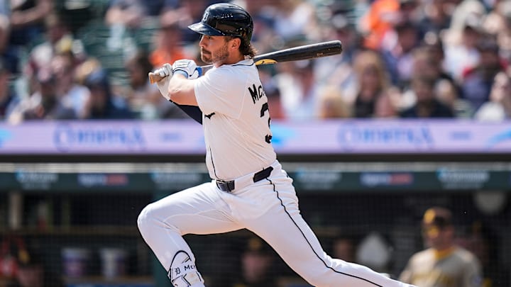 Detroit Tigers right fielder Zach McKinstry (39) bats against San Diego Padres during the eighth inning at Comerica Park in Detroit on Wednesday, April 23, 2025.