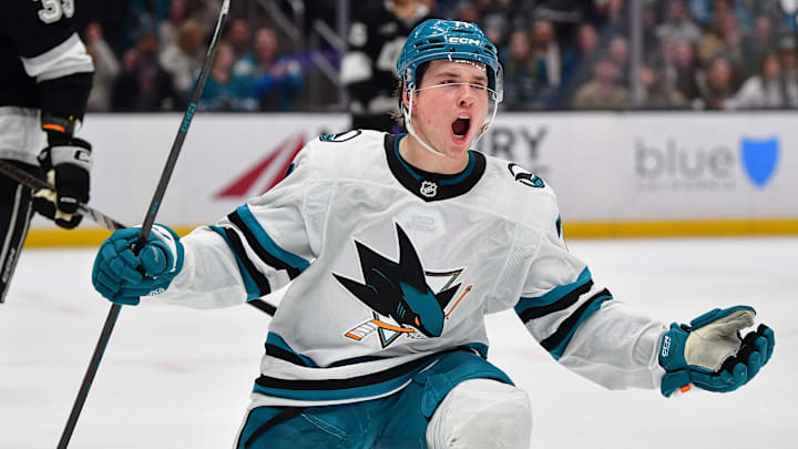 Jan 7, 2026; Los Angeles, California, USA; San Jose Sharks center Macklin Celebrini (71) celebrates his goal scored against the Los Angeles Kings during the third period at Crypto.com Arena. Mandatory Credit: Gary A. Vasquez-Imagn Images
