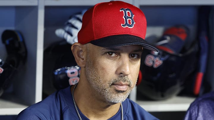 Boston Red Sox manager Alex Cora (13) speaks with the media before the game against the Miami Marlins at loanDepot Park.