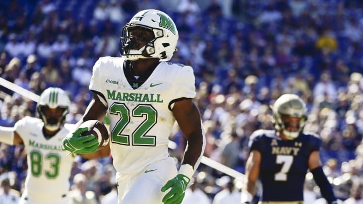 Sep 4, 2021; Annapolis, Maryland, USA;  Marshall Thundering Herd running back Rasheen Ali (22) reacts after scoring a first half touchdown against the Navy Midshipmen at Navy-Marine Corps Memorial Stadium. Mandatory Credit: Tommy Gilligan-USA TODAY Sports