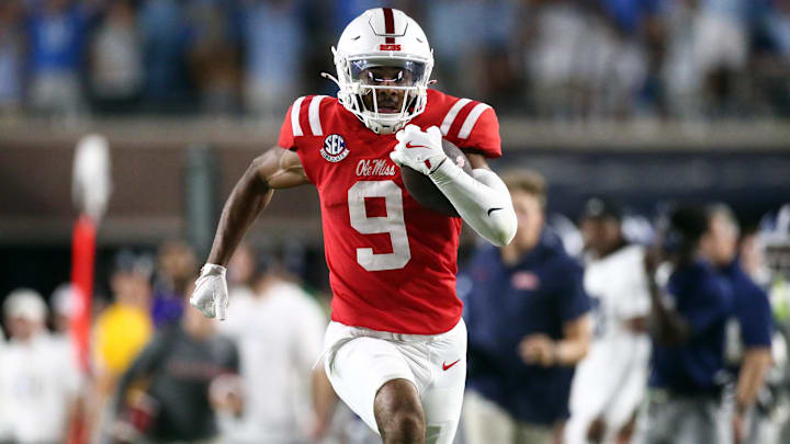 Sep 21, 2024; Oxford, Mississippi, USA; Mississippi Rebels wide receiver Tre Harris (9) runs after a catch for a touchdown during the first half against the Georgia Southern Eagles at Vaught-Hemingway Stadium. Mandatory Credit: Petre Thomas-Imagn Images