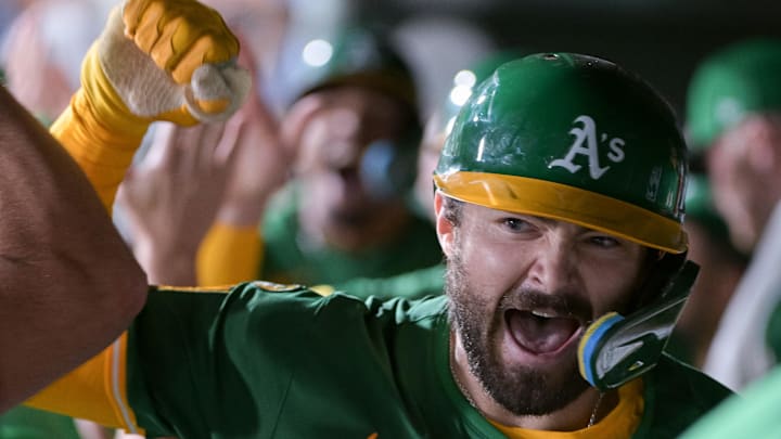 Aug 25, 2025; West Sacramento, California, USA; Athletics catcher Shea Langeliers (23) celebrates with team mates after hitting a home run against the Detroit Tigers during the seventh inning at Sutter Health Park. Mandatory Credit: Ed Szczepanski-Imagn Images Aug 25, 2025; West Sacramento, California, USA; Athletics catcher Shea Langeliers (23) celebrates with team mates after hitting a home run against the Detroit Tigers during the seventh inning at Sutter Health Park. Mandatory Credit: Ed Szczepanski-Imagn Images